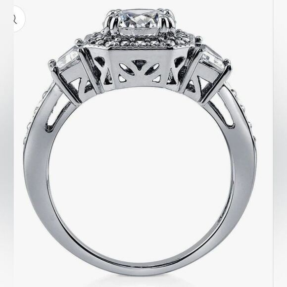 Sterling Silver Round Cubic Zirconia Halo Art Deco Ring (5) - Picture 5 of 11